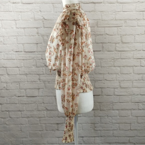 O Forever 21 Cream Wildflower Neck Tie Smocked Cropped Long Sleeve Top NWT M - Picture 3 of 13